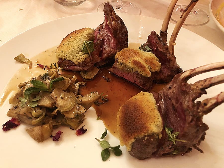 Rack of lamb with herb praline and sautéed artichokes
