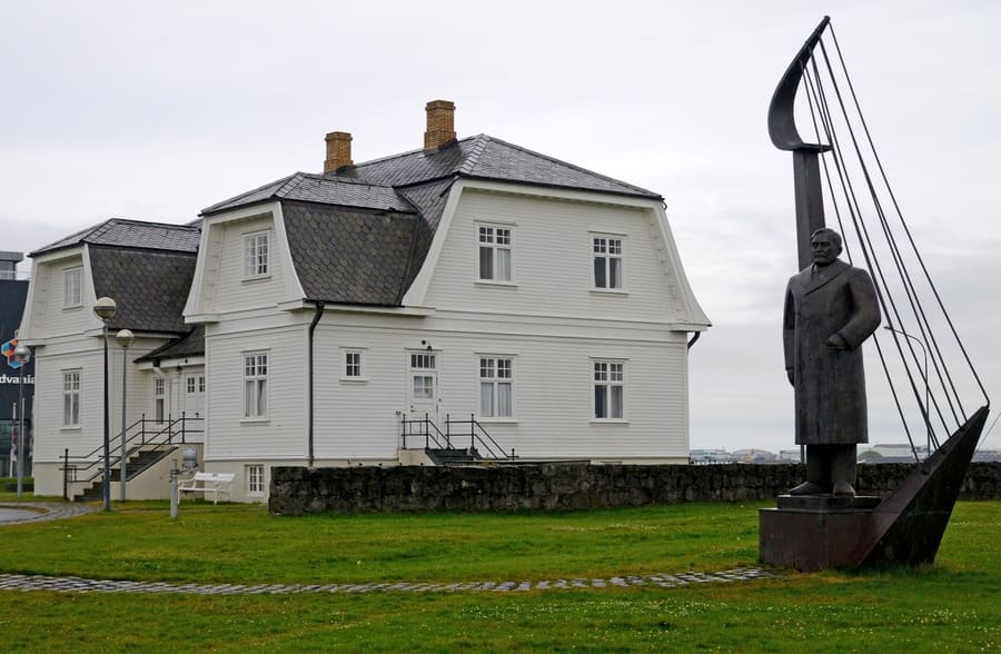 Reykjavik, Iceland - July 23, 2016: Hofdi Manson and Einar Benediktsson Monument