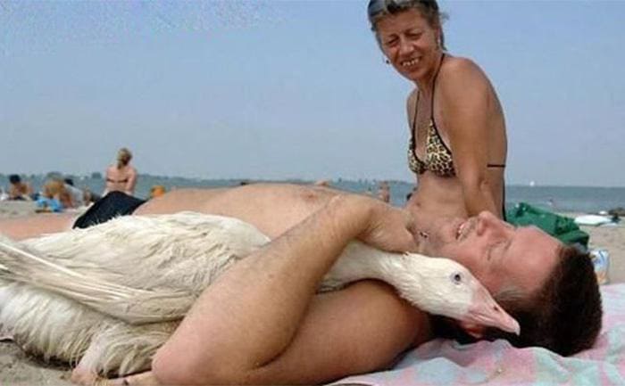 A man cuddling a goose while a woman looks at him 