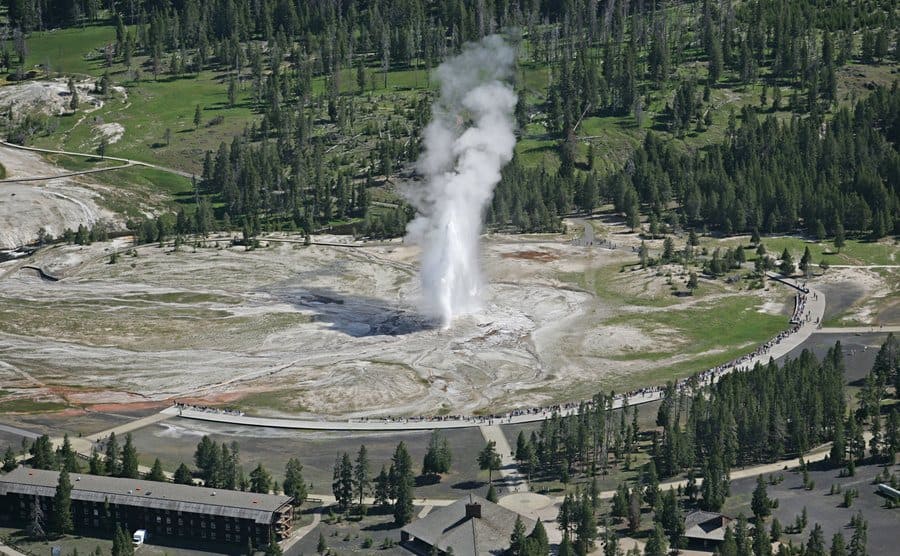 Arial shot of old faithful, the geyser at Yellowstone Park.