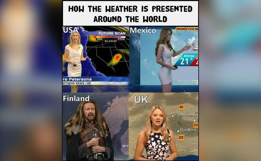 A meme showing the different weather girls worldwide compared to the weather reporter from Finland looks like a character from the show ‘Game of Thrones’.
