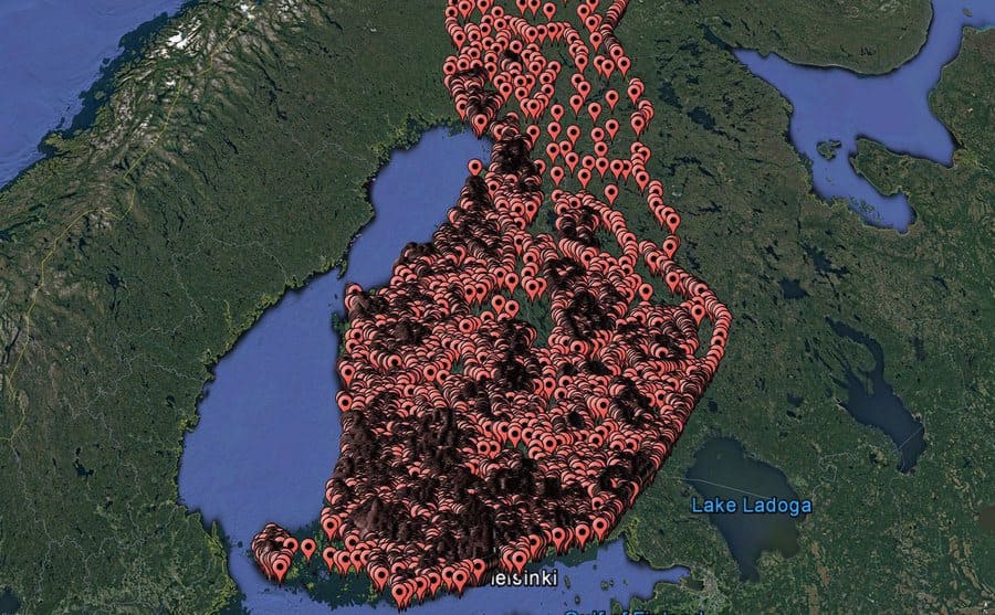 Thousands of Pins covering the map of Finland showing the placement of all the saunas they have. 