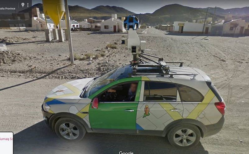 A google street view car was caught on Google Earth by another street view car. 