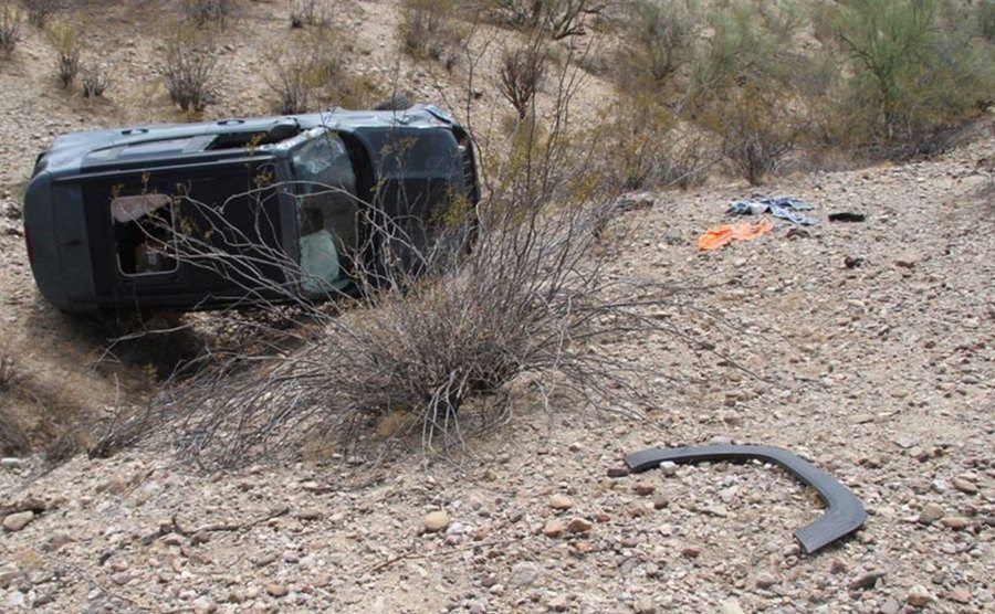 A photo of the damaged jeep on site.