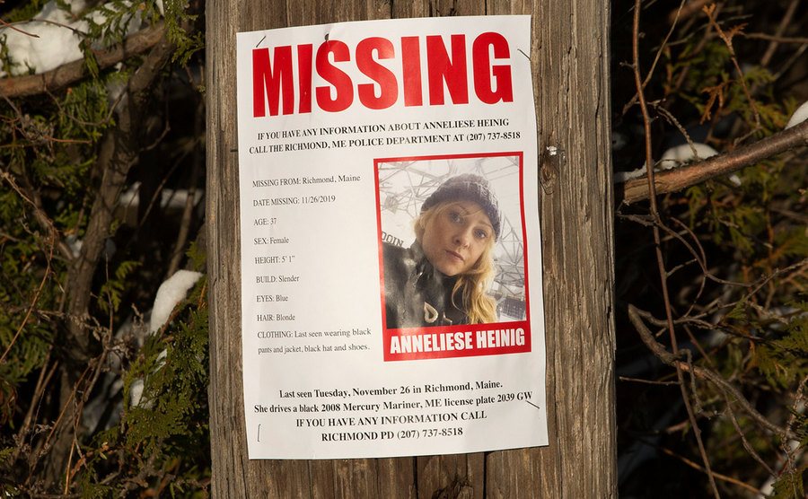A missing poster for Anneliese Heinig on a telephone pole.