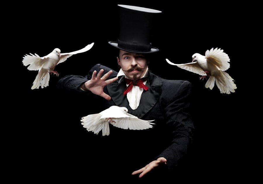 magician with doves flying in front of him